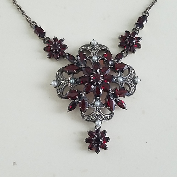 Sterling Silver 925 Garnet and Pearl Necklace - Picture 2 of 5
